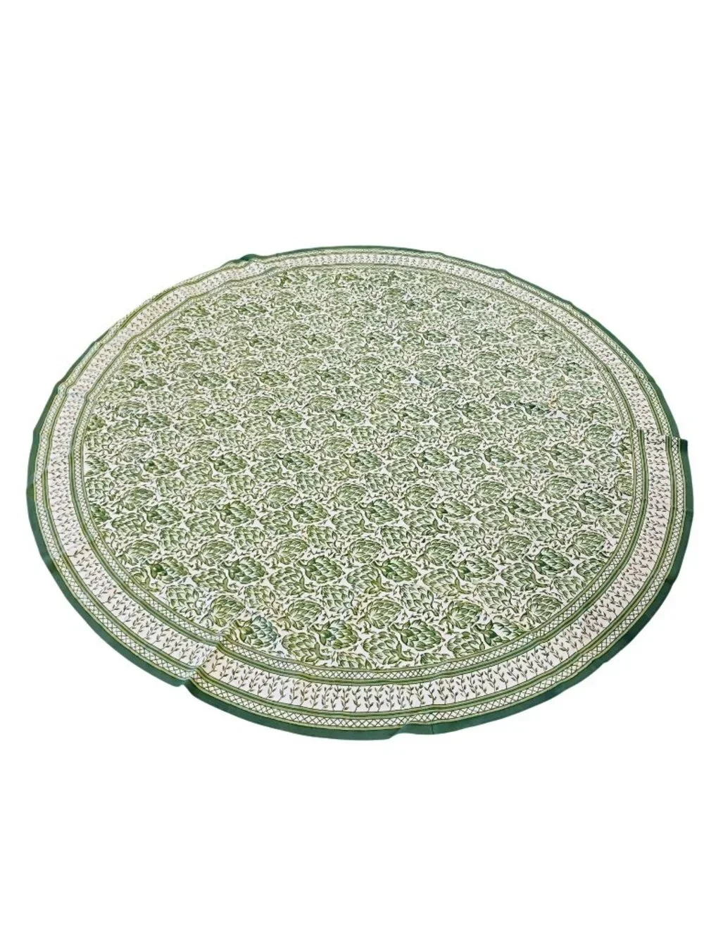 Vintage Pomegranate Inc 86” Round Tablecloth, Artichokes, Green Block Print